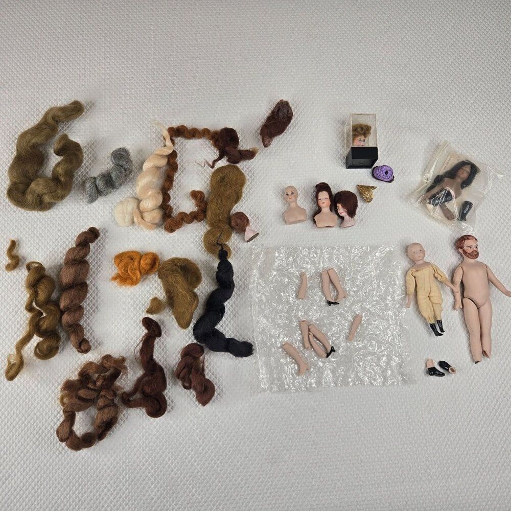 Vintage Miniature Doll Making Supplies Lot Heads Limbs Assorted Mohair Wig Mater